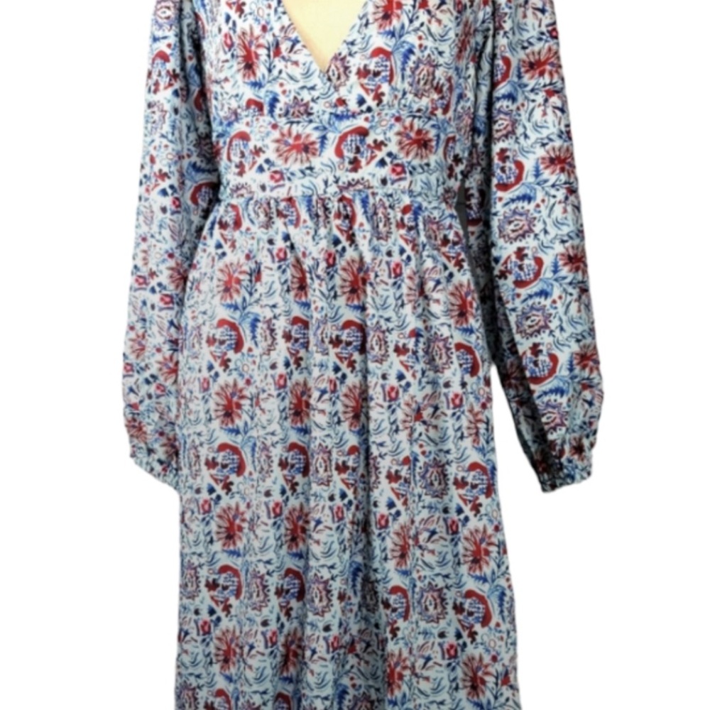 NEW! MISSLOOK Dress Floral Design Shirring Long Sleeves Blue Burgundy Size 5X